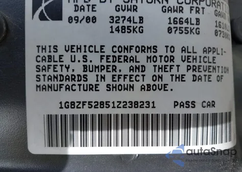 2001 Saturn Sl from USA, damaged, VIN 1G8ZF52851Z238231